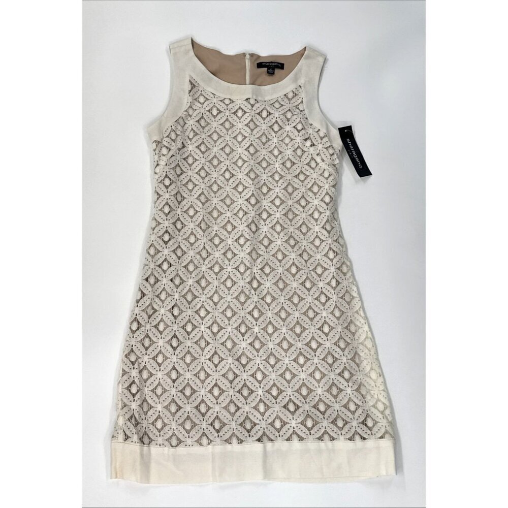 Sharagano Dress Womens 8 Crochet Sleeveless Sheath Knee Ivory Lined $108 NEW